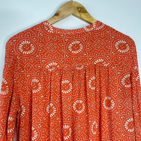 Lucky Brand Shirt Womens Large Orange Bishop Collar Festival Western Floral Boho - Picture 11 of 11